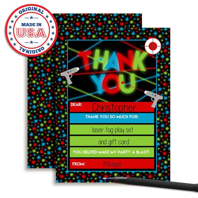 Amanda Creation Laser Tag Theme 10 Birthday Thank You Notes 4"x5.5" Fill-In Cards with Envelopes, Boys Party Stationery Set, Fun Neon Glow Laser Beam Design for Kids Gifts, Made in USA by Amanda Creation - Image 3